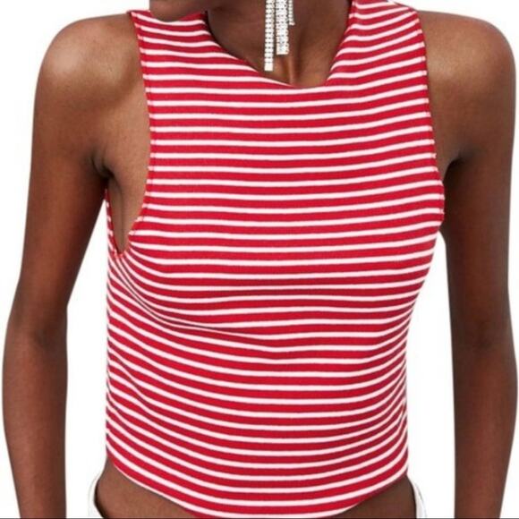 Zara Trafaluc Red & White Stripes Ribbed Crop Tank Top S - Picture 1 of 10